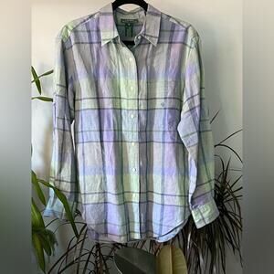 Vintage Ralph Lauren plaid linen button down shirt purple blue Size Medium